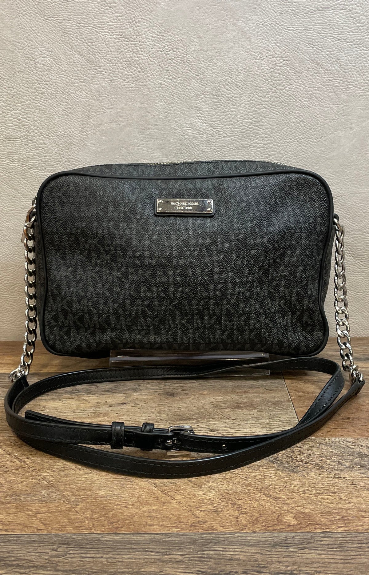 Michael Kors Black Monogram Coated Canvas Crossbody Camera Bag Silver Hardware