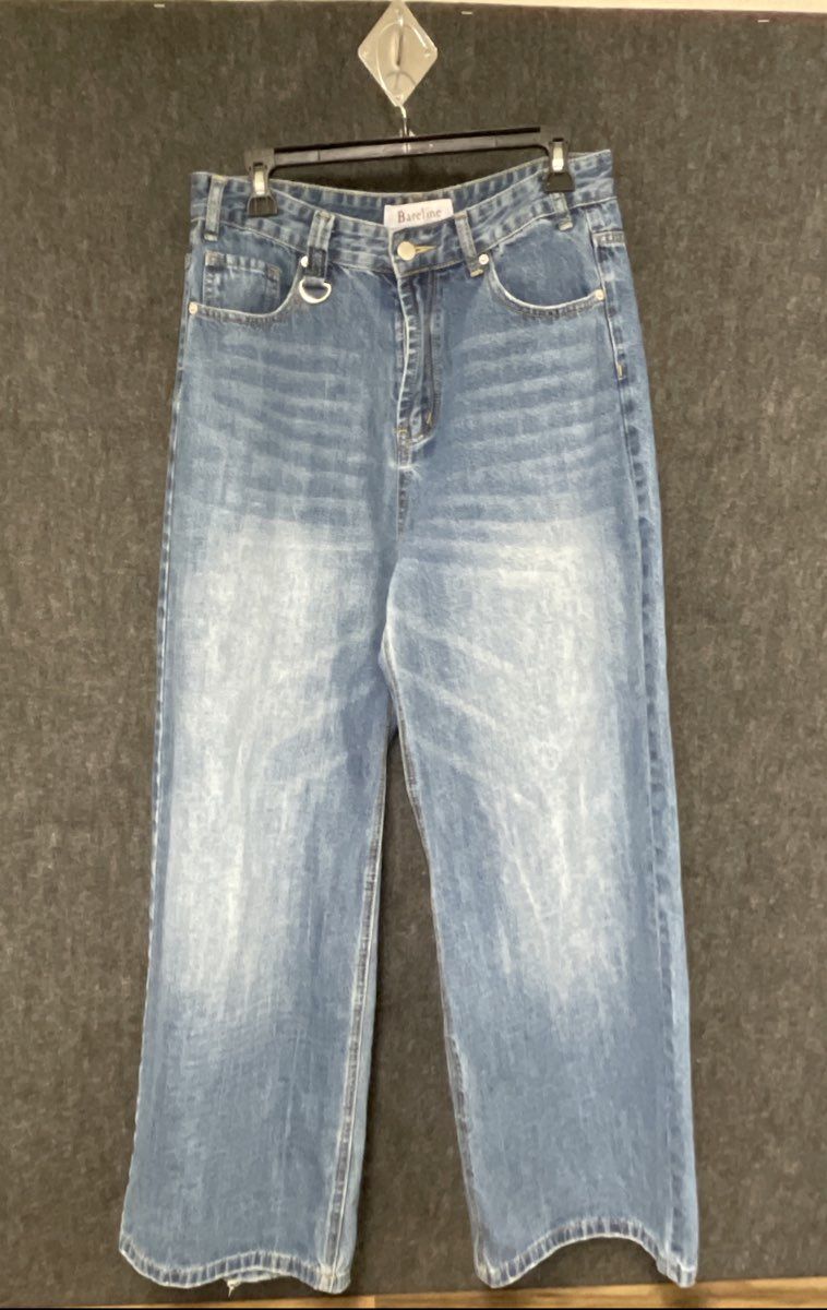 Bareline Women's Blue Faded Wide Leg High Rise D-Ring Denim Jeans Sz L