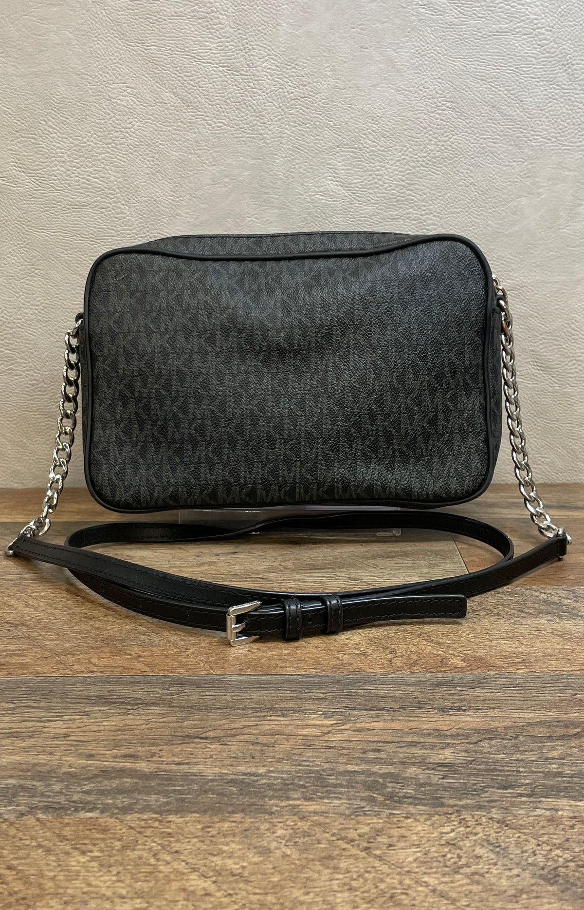 Michael Kors Black Monogram Coated Canvas Crossbody Camera Bag Silver Hardware