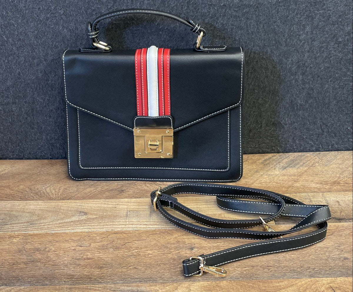 Scarleton Black Faux Leather Red White Stripe Top Handle Satchel Bag