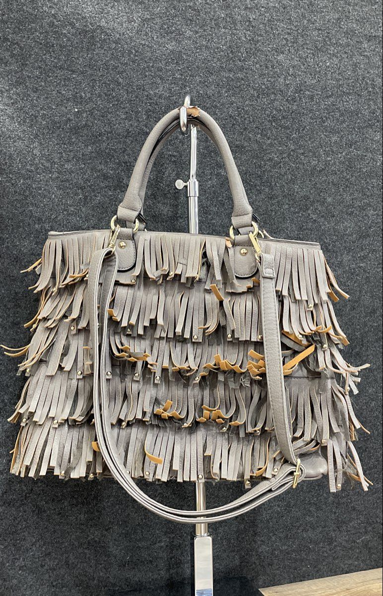 Expressions NYC Grey Leather Fringed Satchel Crossbody Bag Boho Studded