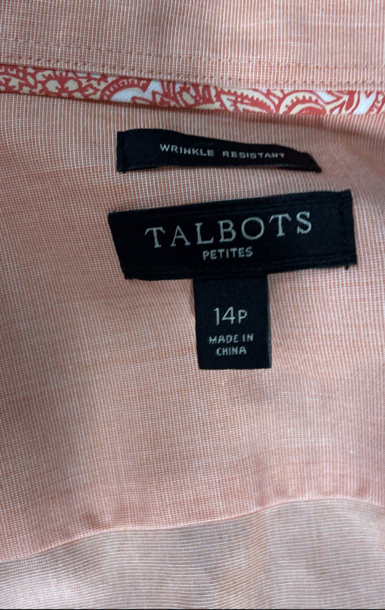 Talbots Women's Sleeveless Button Down Shirt Orange Wrinkle Resistant Sz 14P