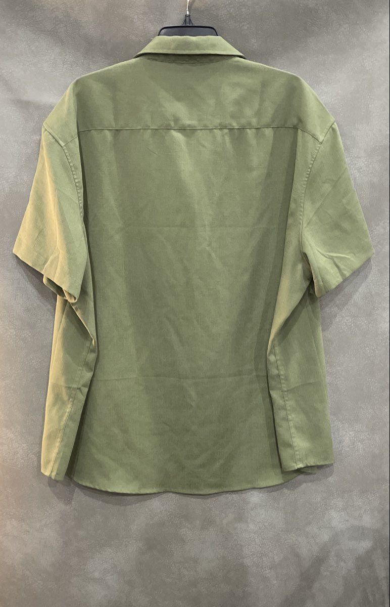 Coofandy Men's Green Short Sleeve Button Up Shirt Plaid Trim Rayon Sz L