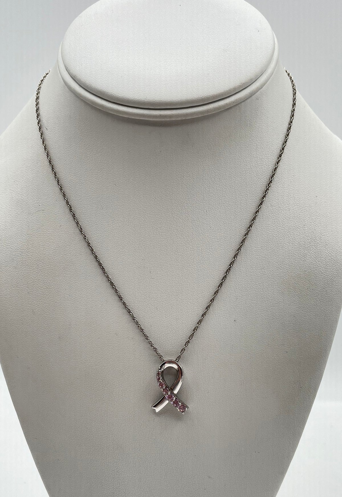 925 Sterling Silver Pink CZ Breast Cancer Awareness Ribbon Pendant Necklace 3.4g
