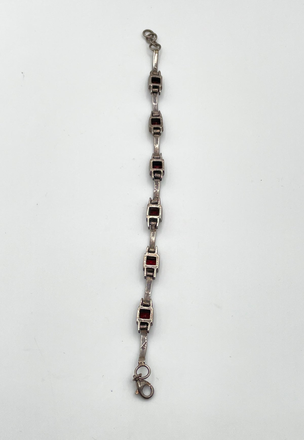 925 Sterling Silver Garnet Accent Bar-And-Box Link Bracelet 17.9g *Damaged*