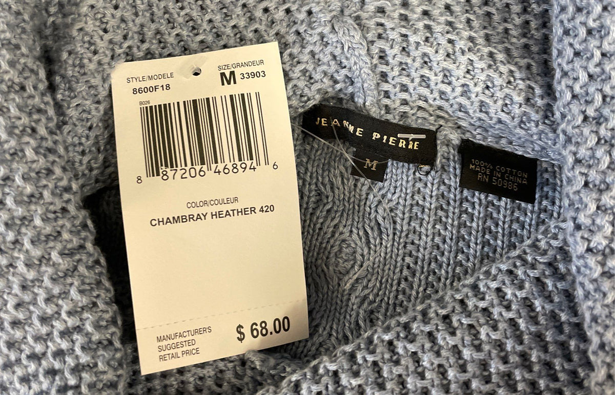 Jeanne Pierre Women's Cowl Neck Sweater Chambray Blue Cable Knit NWT Sz M
