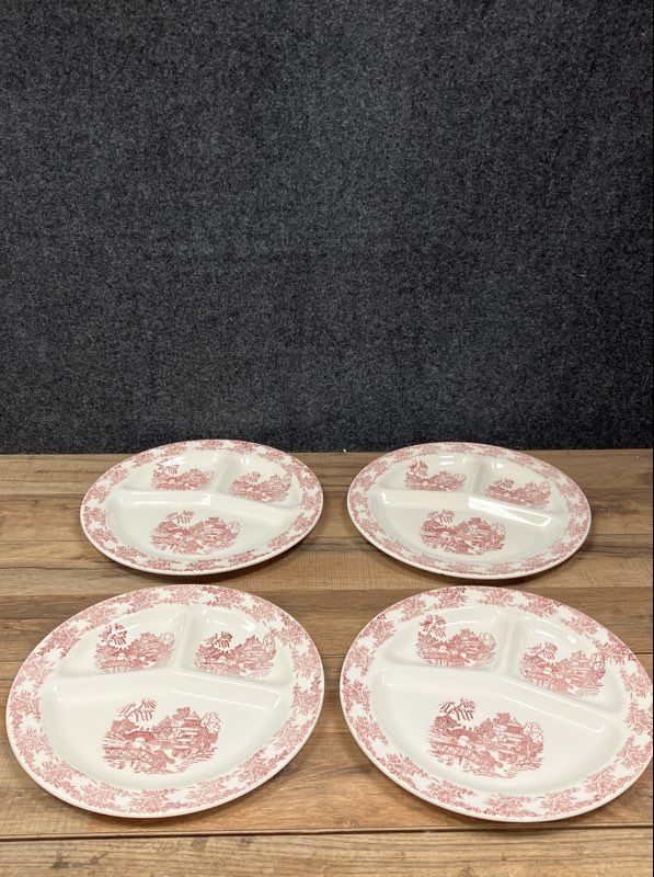Red Willow Transferware Divided Grill Plates Set 4 Piece Made in USA Vintage