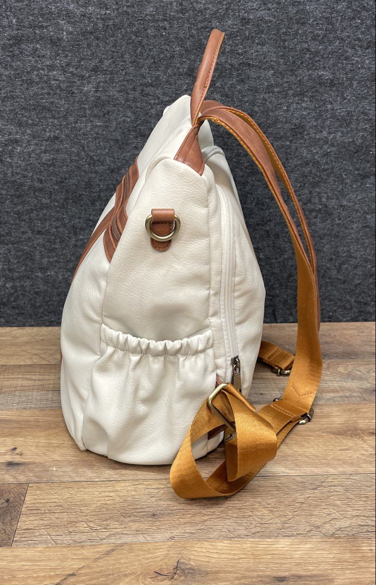 Missnine Cream White Brown Faux Leather Anti-theft Laptop Backpack Travel Bag