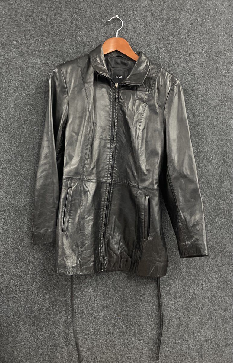 JLC New York Women's Black Leather Jacket Full Zip Drawstring Waist Sz L