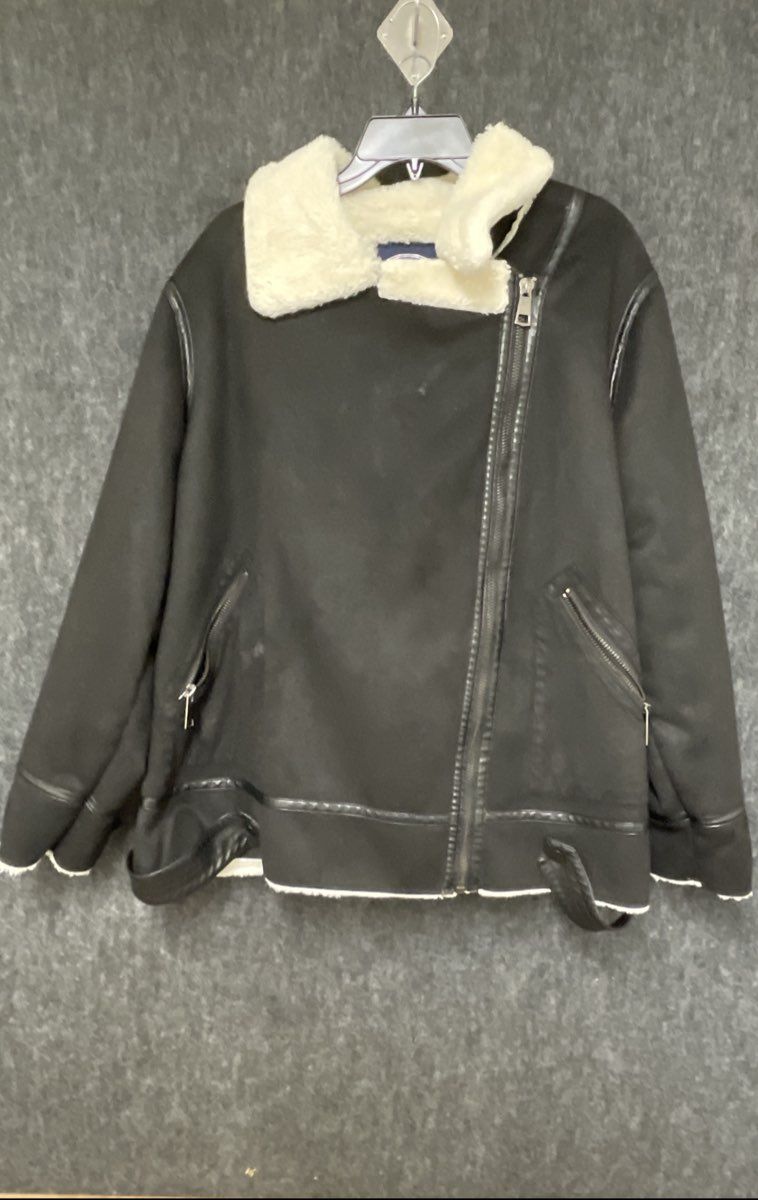 Scoop Women's Black Faux-Leather Aviator Jacket Sherpa Collar Lining XL