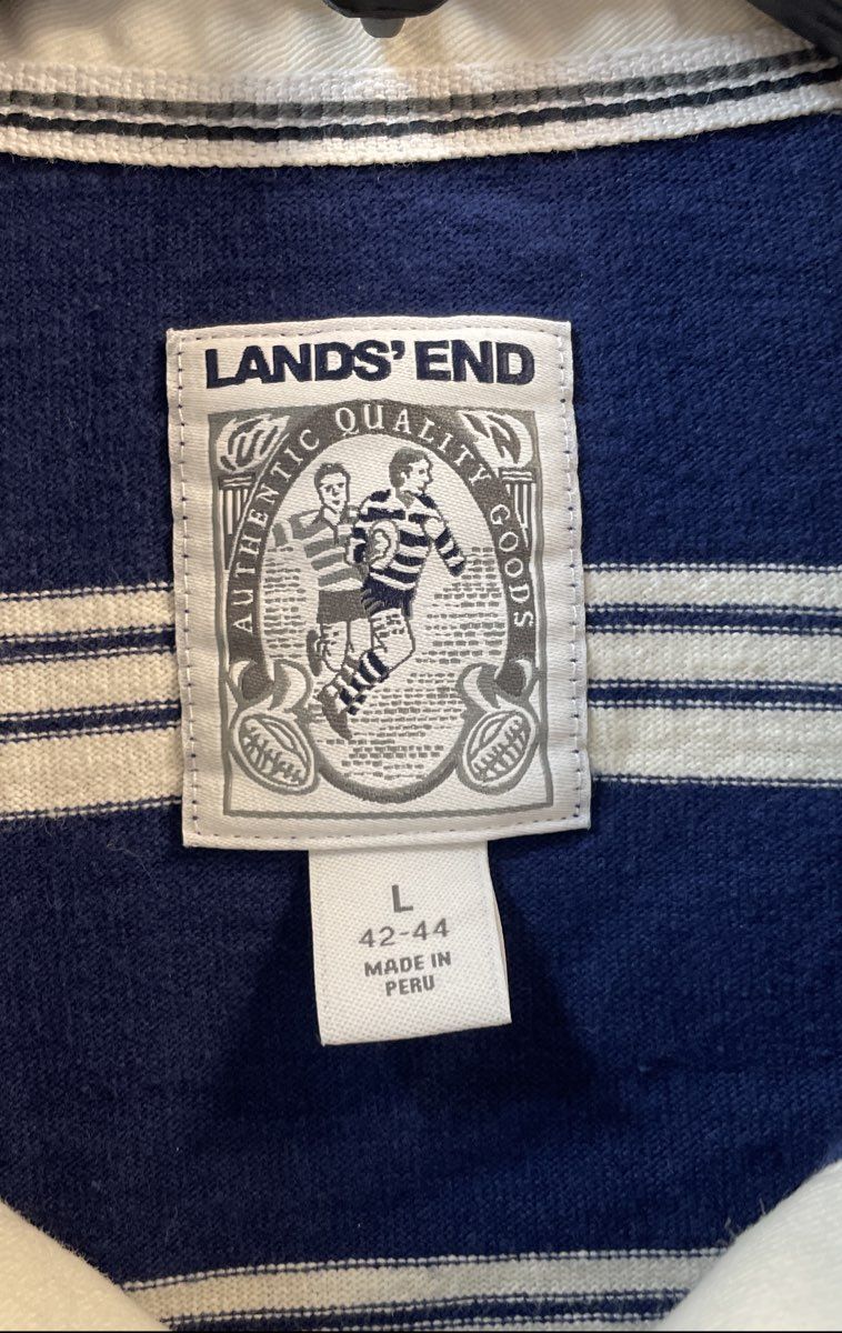 Lands' End Men's Blue White Striped Long Sleeve Cotton Rugby Shirt Sz L