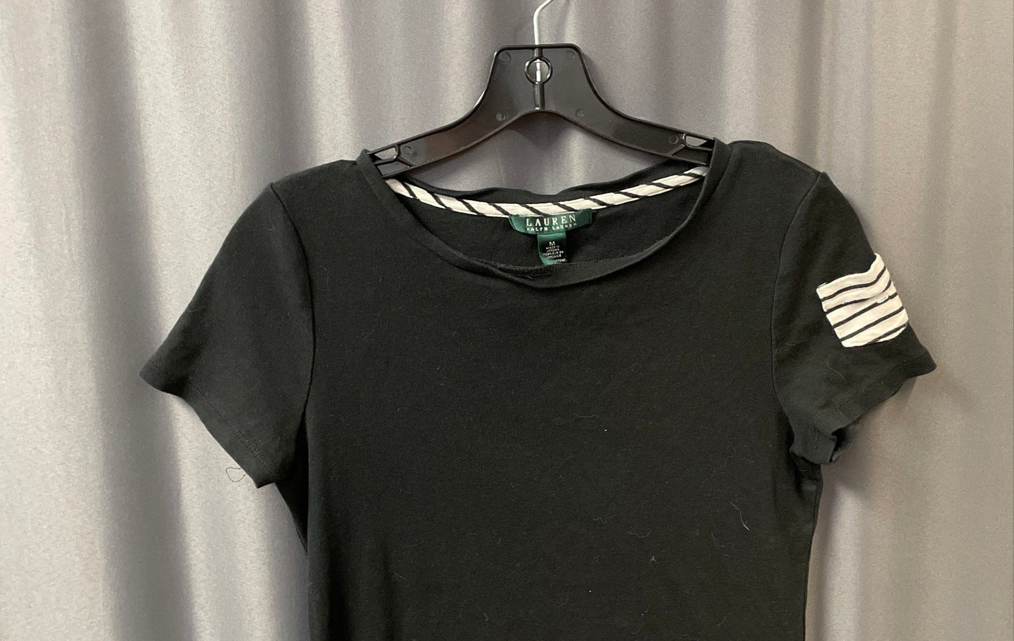 Lauren Ralph Lauren Women's Black Cotton Short Sleeve Tee Striped Sleeve Sz M