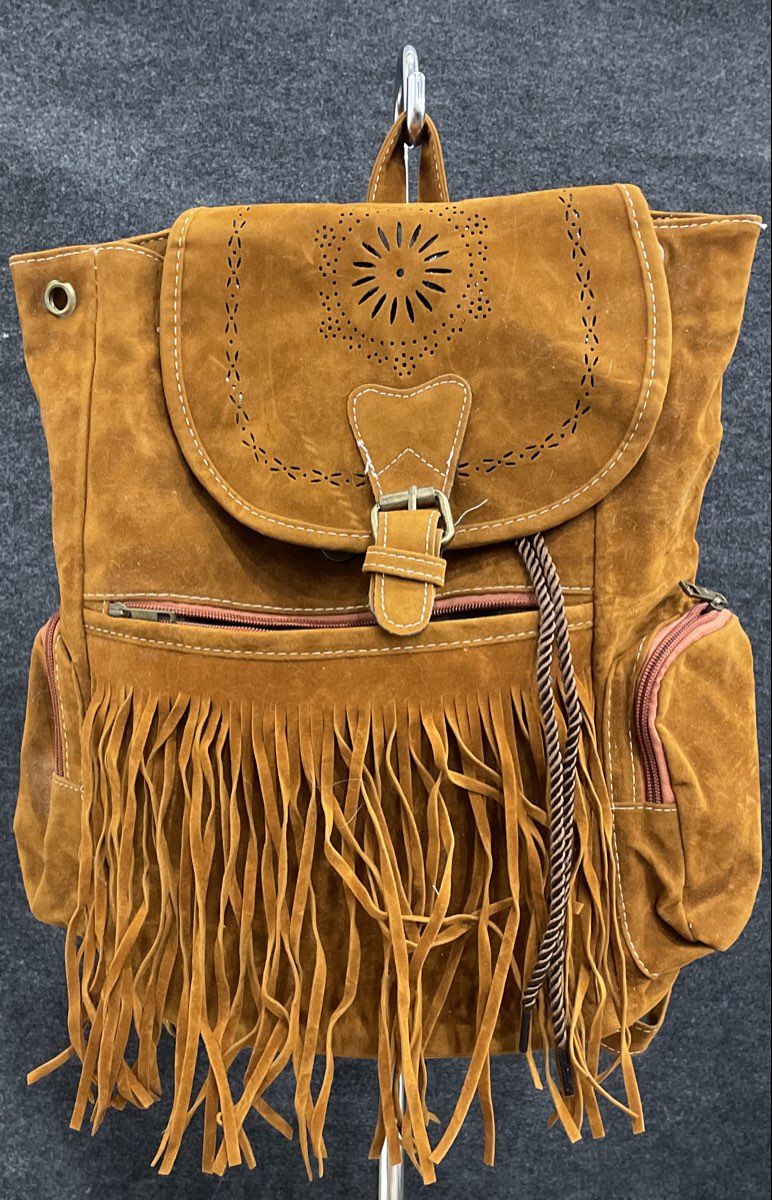 Unbranded Brown Faux Suede Fringe Tassel Boho Backpack Large