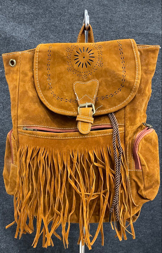 Unbranded Brown Faux Suede Fringe Tassel Boho Backpack Large