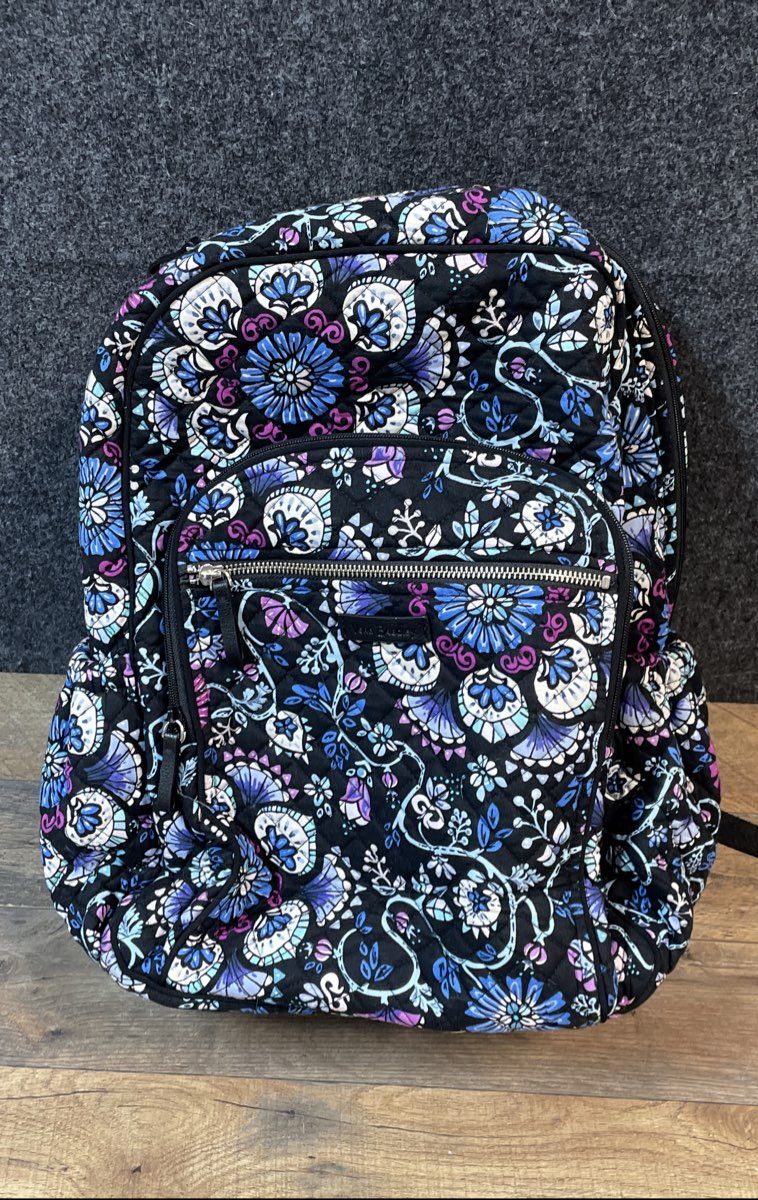 Vera Bradley Black Floral Quilted Cotton Campus Travel Backpack