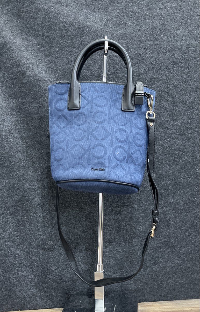 Calvin Klein Blue Monogram Fabric Satchel Crossbody Bag CK Logo Gold Hardware