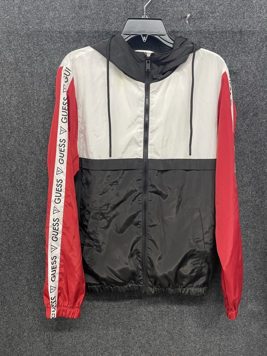 Guess Men's Windbreaker Jacket Red Black White Colorblock Logo Tape Hooded Sz S