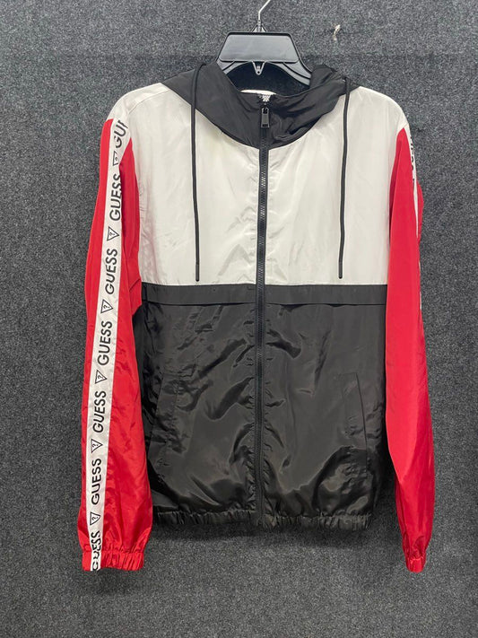 Guess Men's Windbreaker Jacket Red Black White Colorblock Logo Tape Hooded Sz S