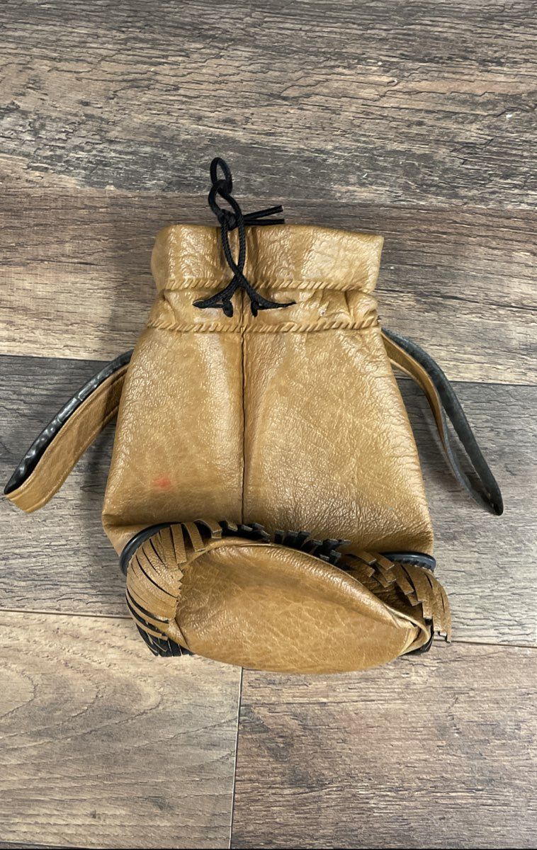 Vintage Tan Leather Fringe Drawstring Pouch Bag Western Boho Festival