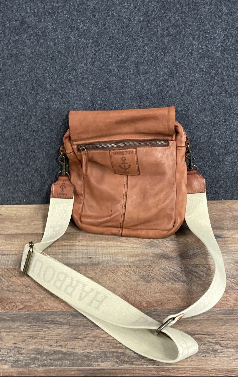 Harbour 2nd Tan Leather Crossbody Messenger Bag Branded Webbed Strap