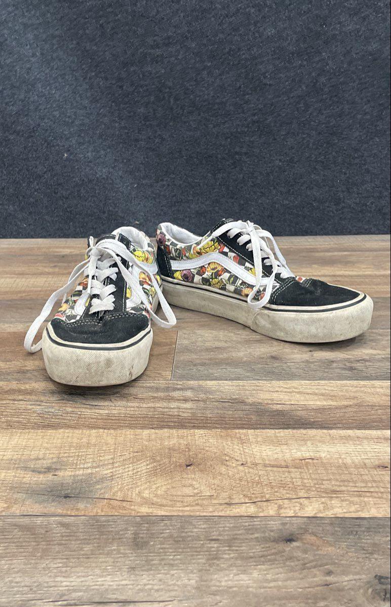 Vans Old Skool Floral Checkerboard Black Low Top Sneakers Men's 7.5 Women's 9