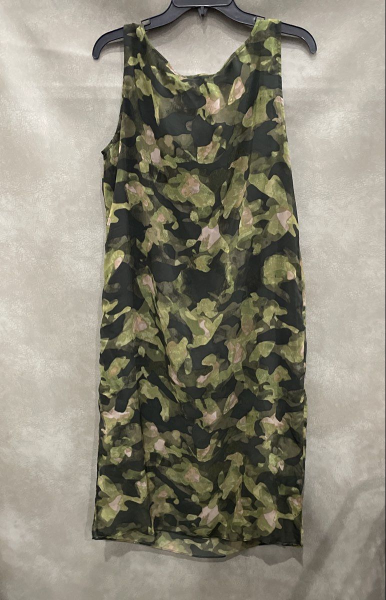 Kenneth Cole Women's Green Camouflage Sleeveless Lined Scoop Neck Dress Sz L
