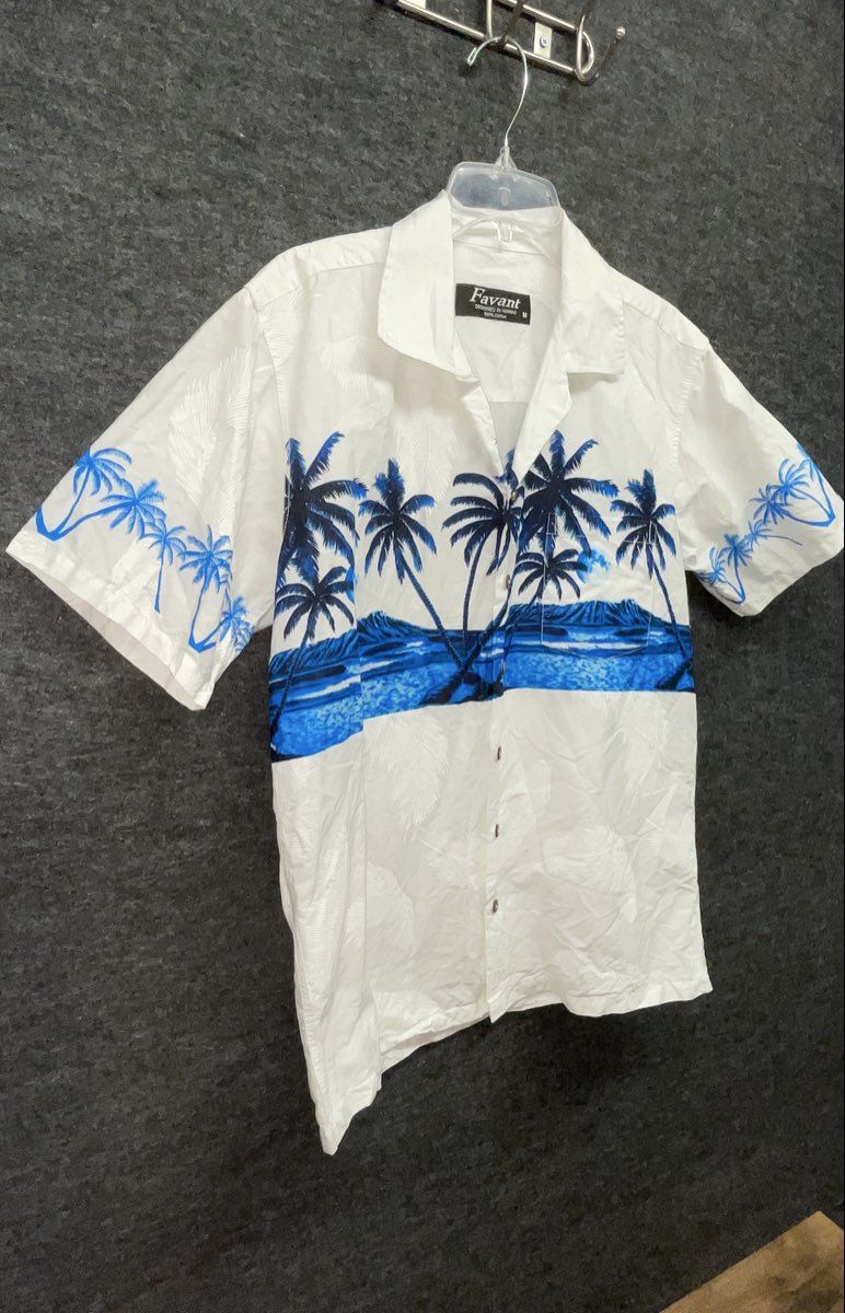 Favant Men's White Blue Tropical Palm Tree Island Cotton Aloha Shirt Sz M
