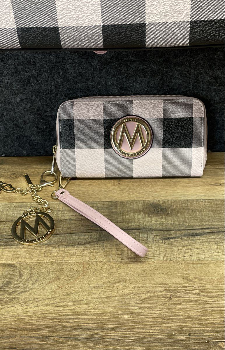 Mia K. Collection Pink Black Buffalo Check Gingham Tote Bag and Wallet Set
