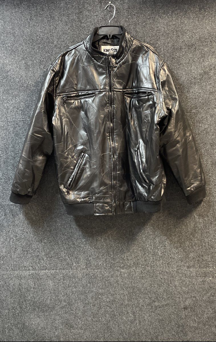 King Size Men's Black Patchwork Leather Full Zip Bomber Jacket Size 2XL Big