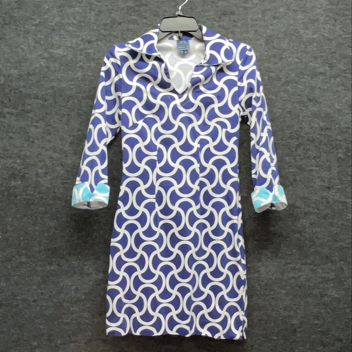 Melly M Women's Navy Blue White Geometric Link Shift Dress Sz 0 Made in USA