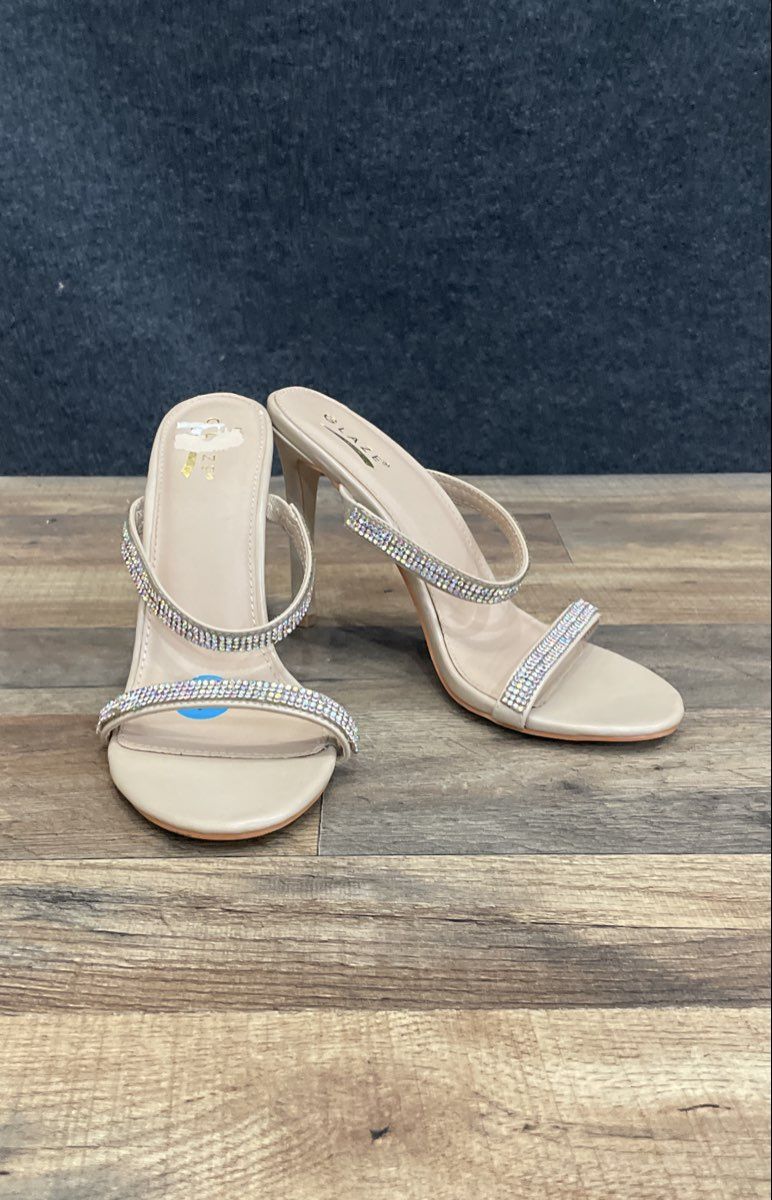 Glaze Nude Rhinestone Strappy Stiletto Heel Sandal Mules Women's Size 10