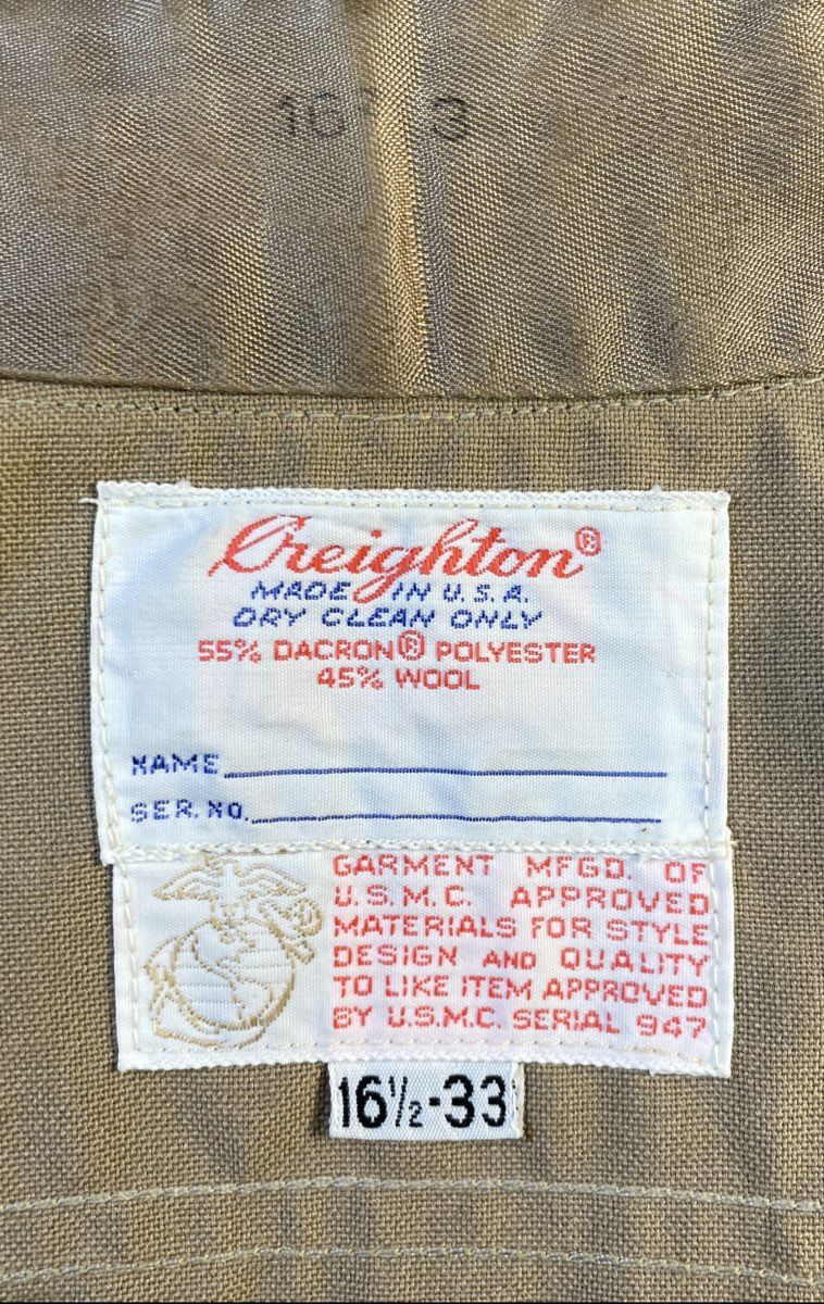 Vintage Creighton USMC Khaki Service Shirt Staff Sergeant Rank Sz 16.5 x 33 USA