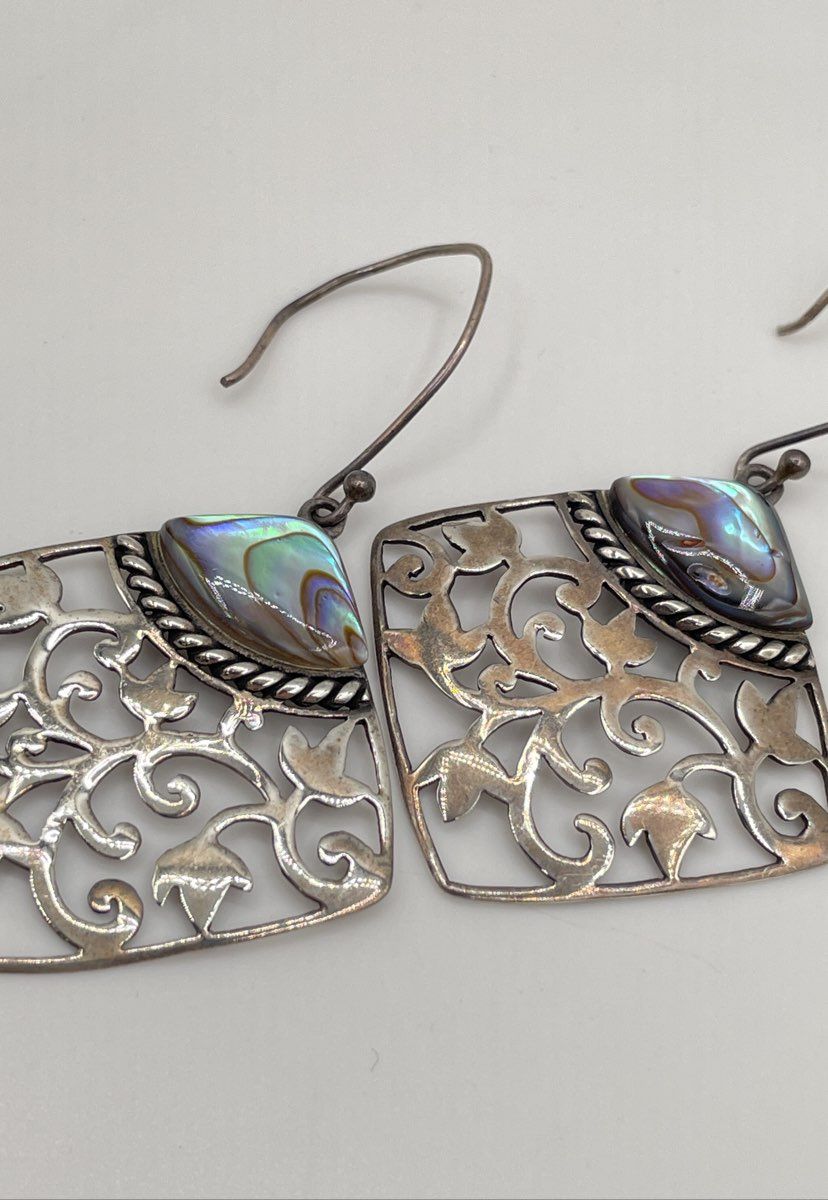 CFJ 925 Sterling Silver Abalone Filigree Dangle Earrings 5.2g