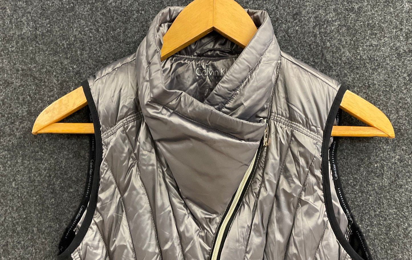 Calvin Klein Performance Women's Silver Metallic Down Puffer Vest Moto Zip Sz M
