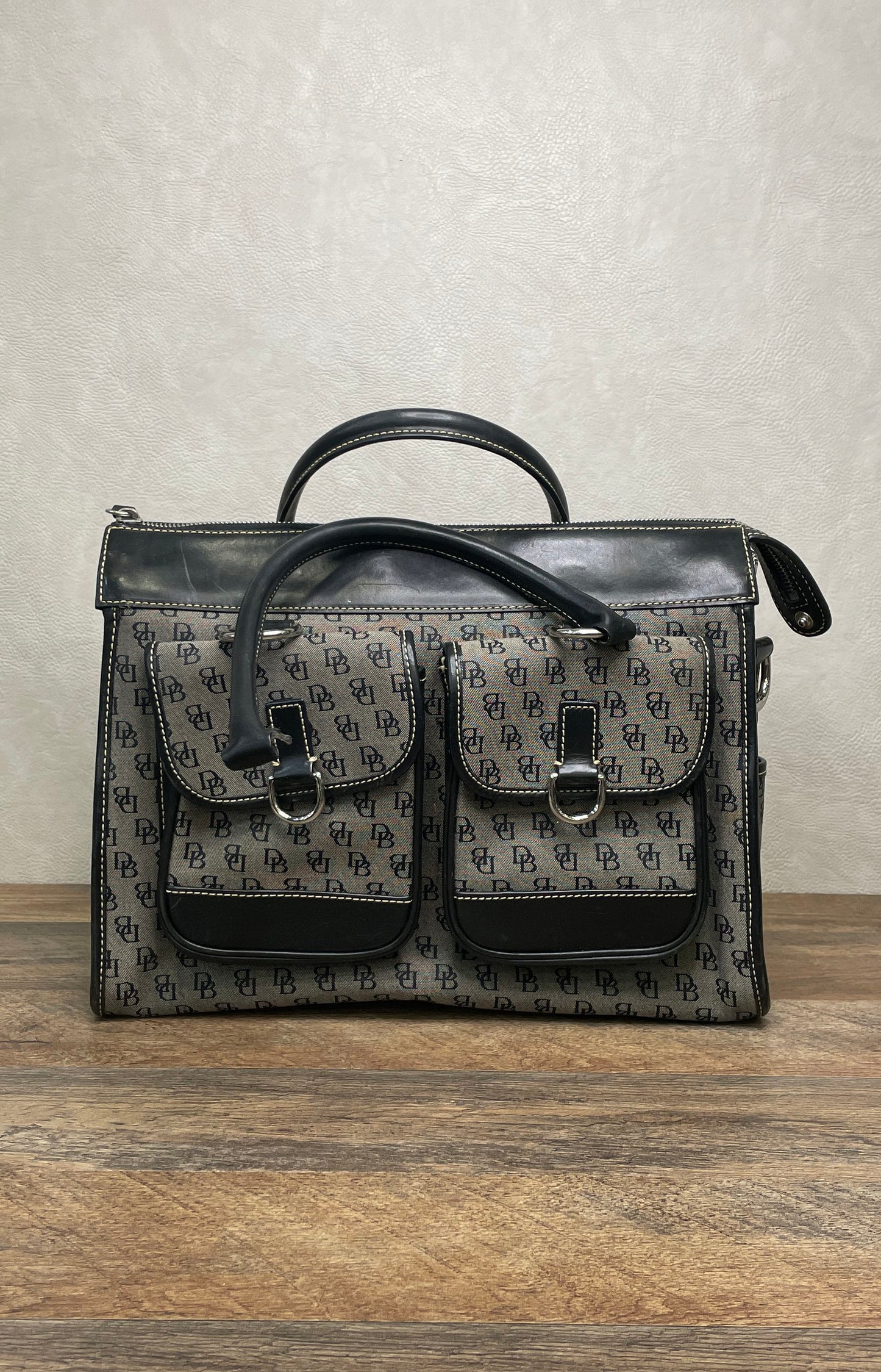 Dooney & Bourke Black Monogram Signature Satchel Bag Silver Hardware Vintage