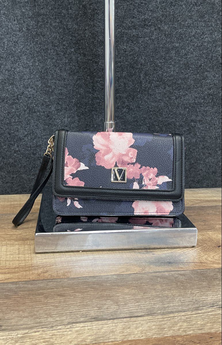Victoria's Secret Black Pink Floral Leather Wristlet Wallet Clutch V Logo
