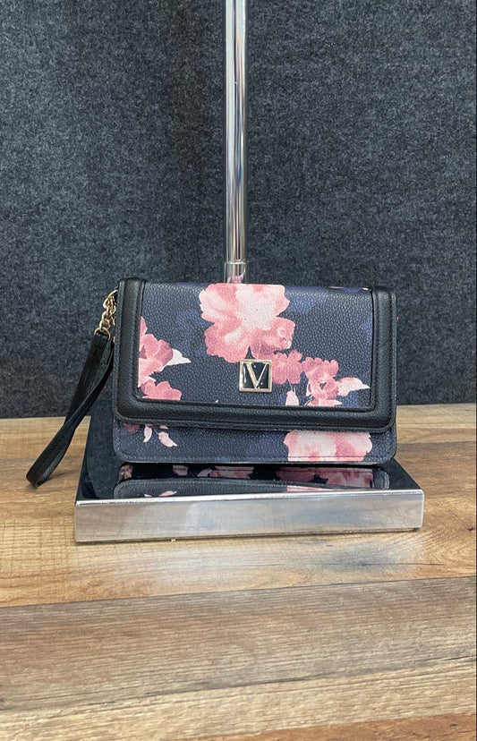 Victoria's Secret Black Pink Floral Leather Wristlet Wallet Clutch V Logo