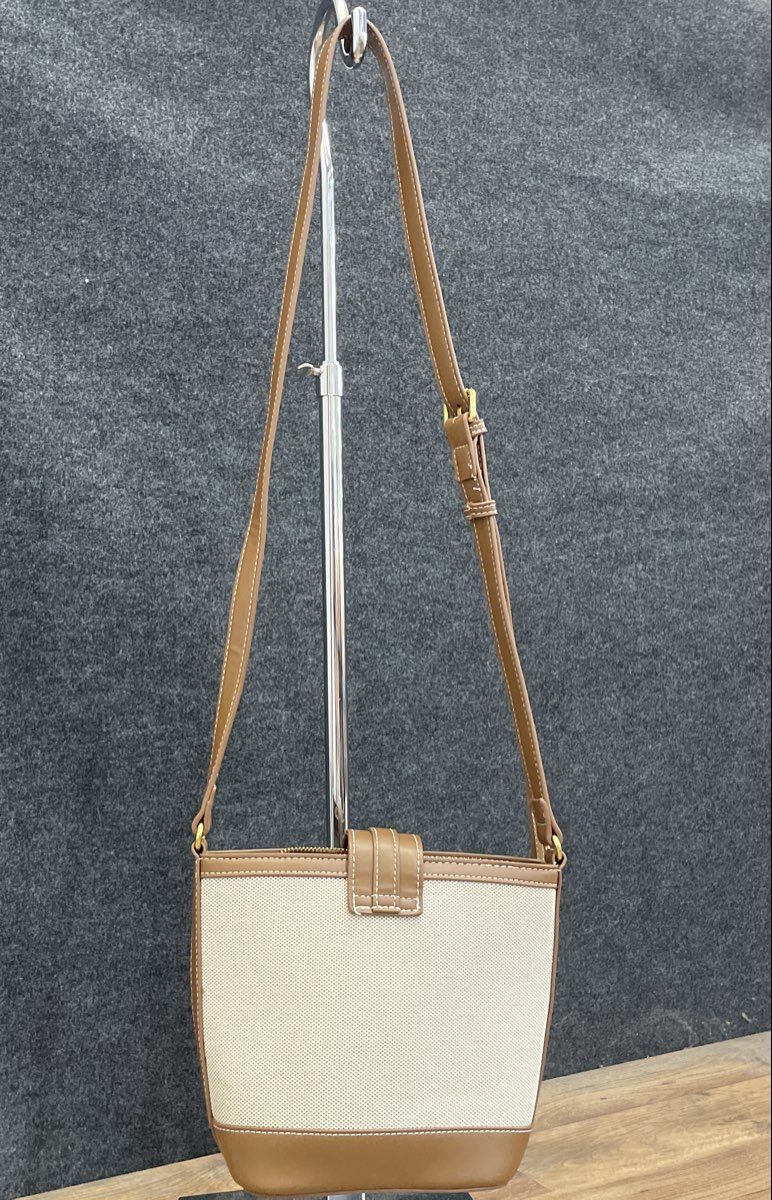 Miztique White Fabric Brown Leather Crossbody Shoulder Bag Gold Tone Hardware