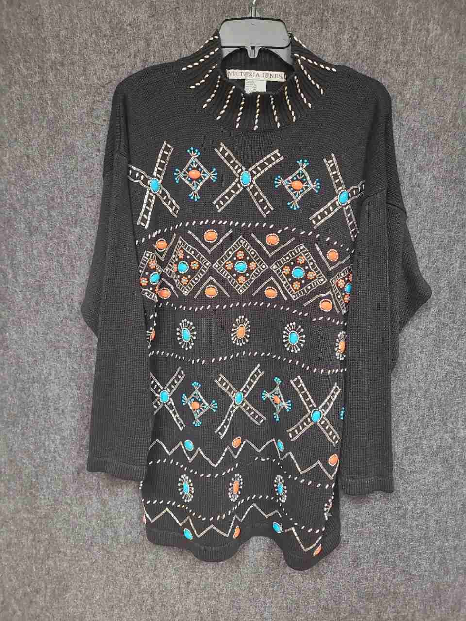 Victoria Jones Women's Vintage 90s Black Southwestern Ramie Cotton Sweater Sz M