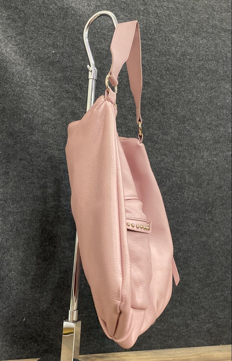 Laggo Pink Pebbled Leather Studded Hobo Shoulder Bag Gold Hardware