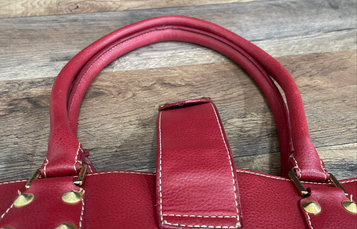 Red Leather Purse Studded Gold Tone Satchel Handbag Tote Vintage Style Bag