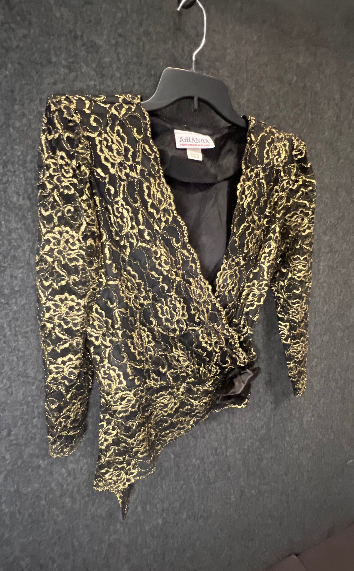 Vintage 80s Amanda Women's Gold Black Metallic Floral Lace Bolero Jacket Sz M