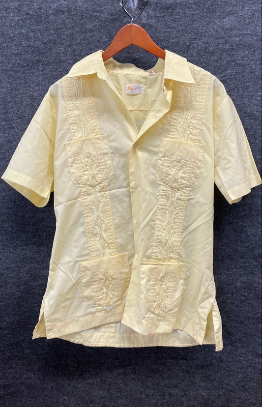 Vintage 80s Guayabera Yucateca Men's Yellow Embroidered 4 Pocket Shirt Sz L