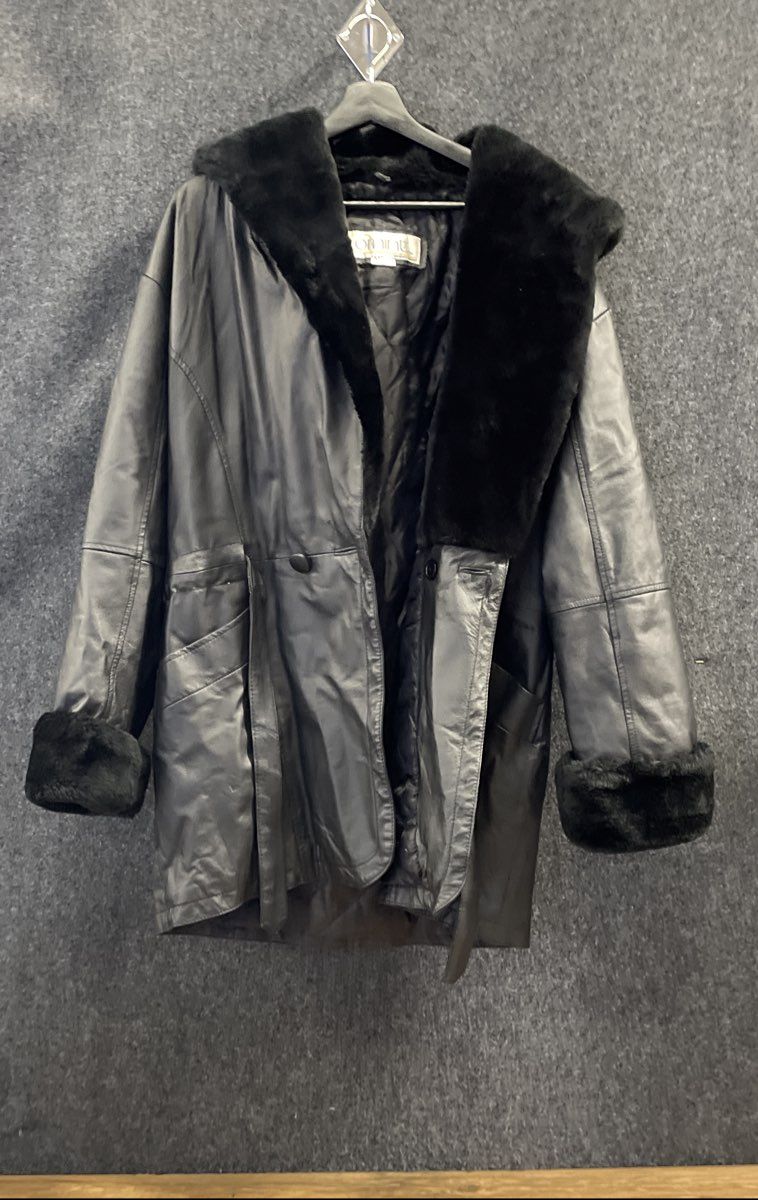 Vintage 90s Comint Women's Black Leather Faux Fur Hooded Jacket Sz M