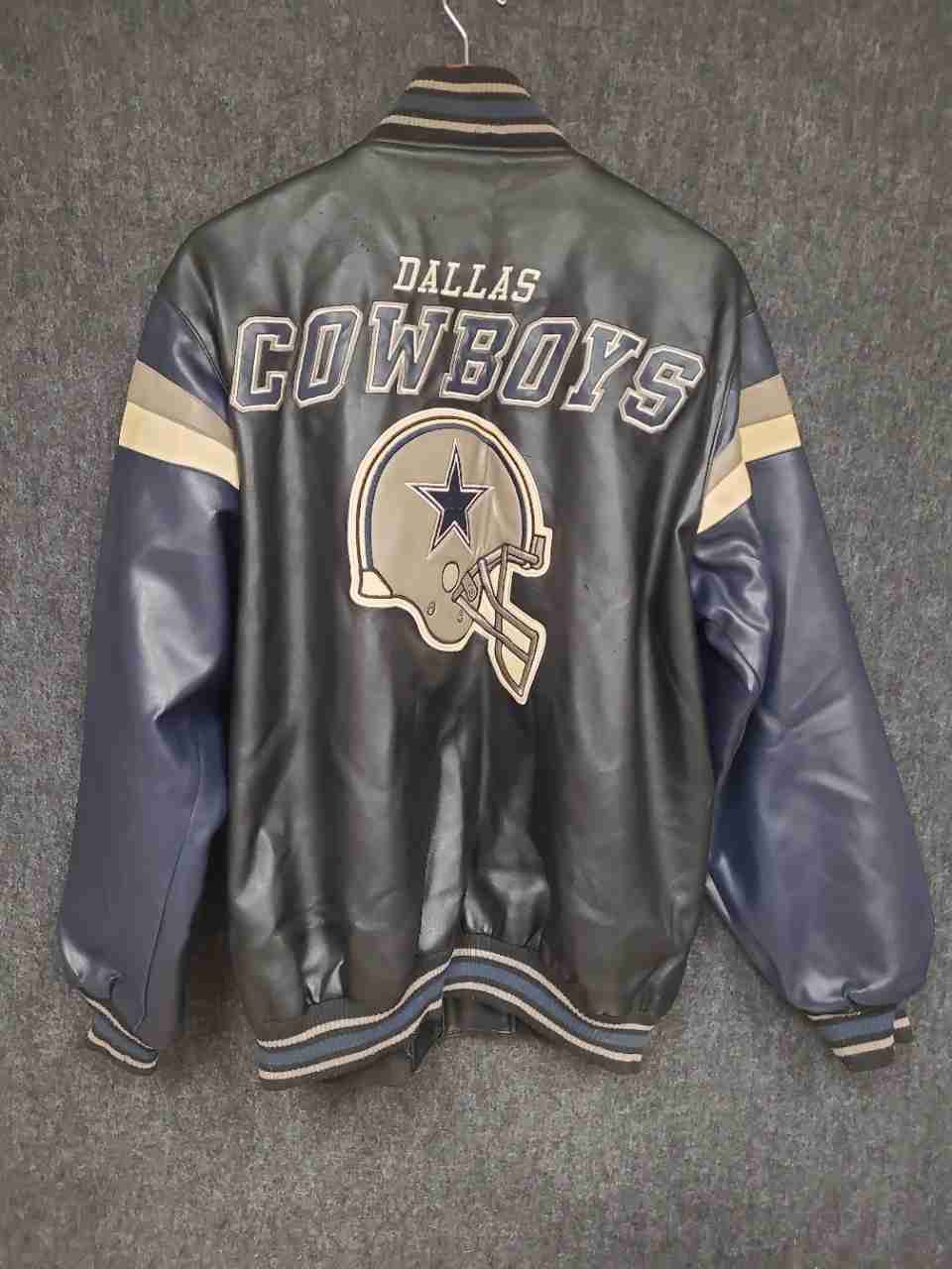 G-III NFL Men's Dallas Cowboys Faux Leather Varsity Jacket Navy Blue Sz M