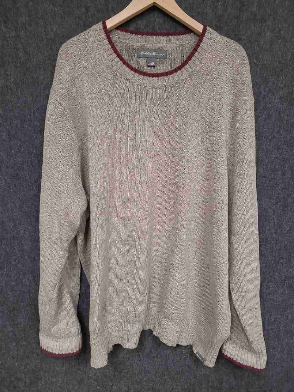 Eddie Bauer Men's Beige 100% Cotton Crewneck Sweater Burgundy Trim Sz 2XL