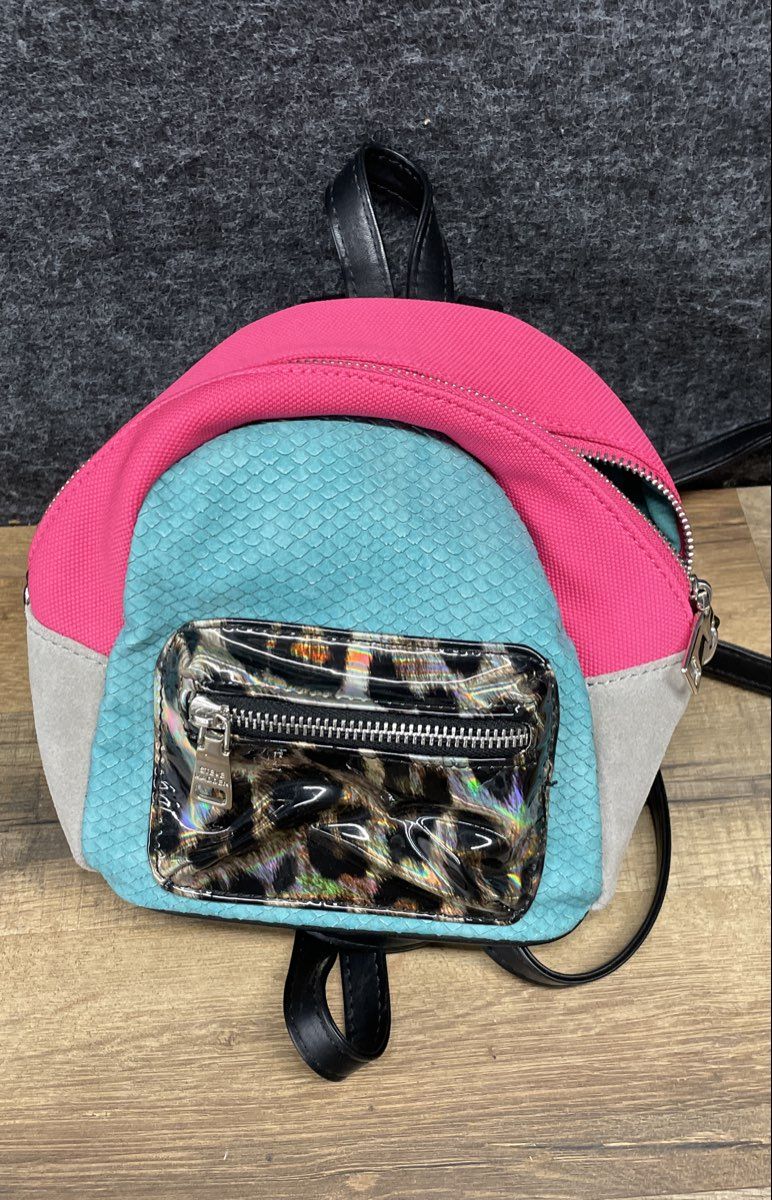 Steve Madden Multicolor Pink Blue Leopard Print Mini Backpack Silver Hardware