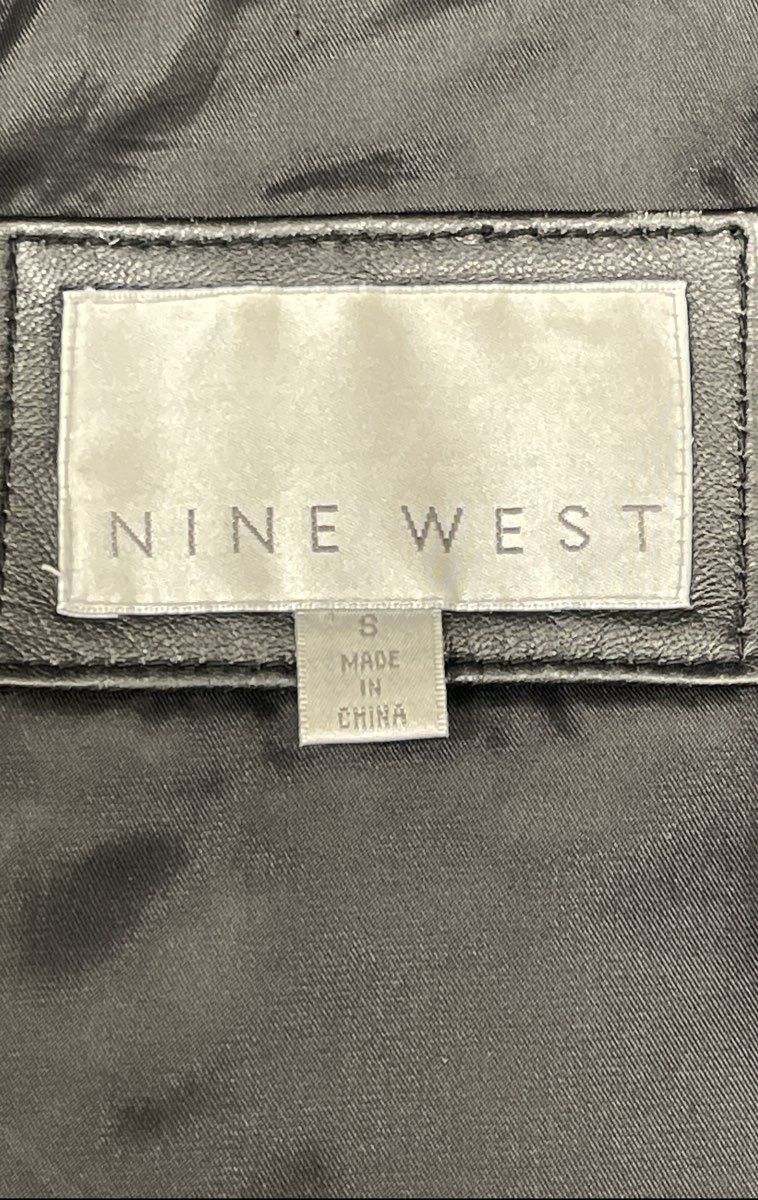 Nine West Women's Black Leather Belted Zip Up Collared Jacket Sz S