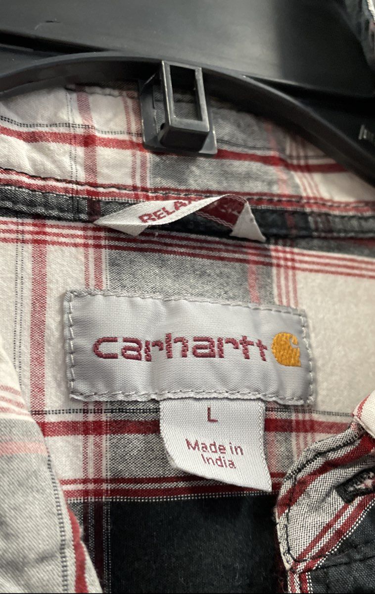 Carhartt Men's Short Sleeve Button Up Shirt Black White Red Plaid Relaxed Sz L