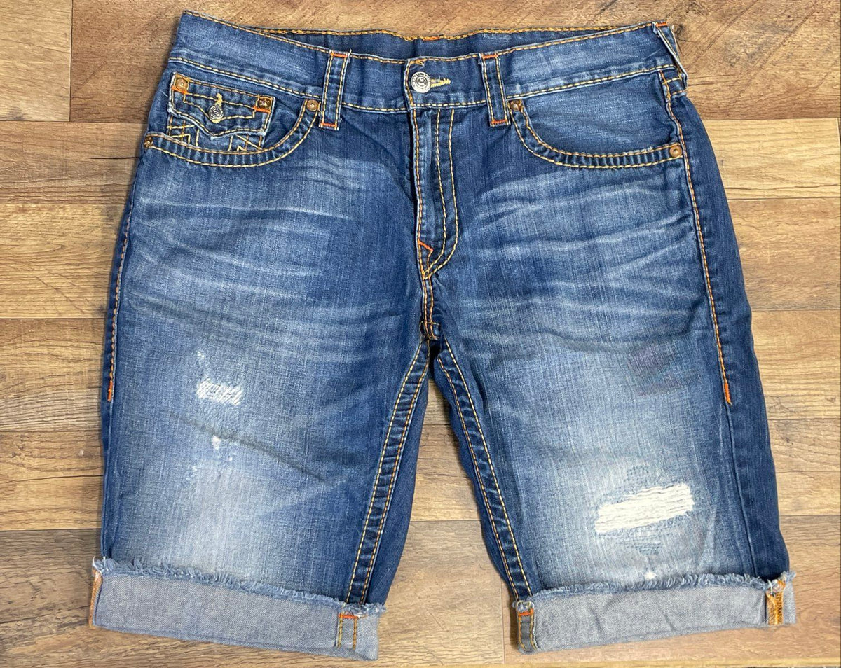 True Religion Men's Blue Distressed Cut Off Denim Shorts Horseshoe Sz 36